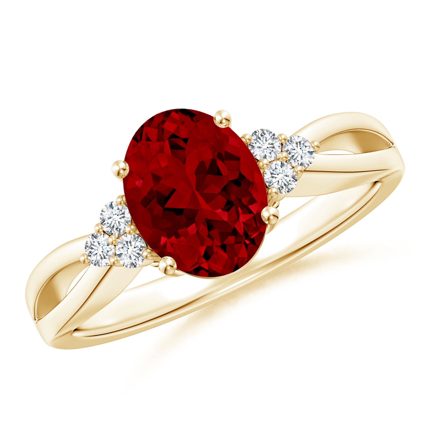 Solitaire Oval Lab-Grown Ruby Split Shank Engagement Ring With Trio ...