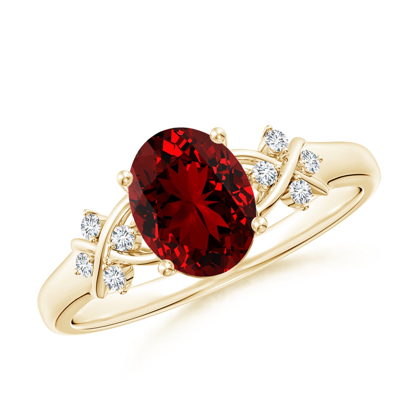 8x6mm Labgrown Lab-Grown Solitaire Oval Ruby Criss Cross Ring with Lab Diamonds in Yellow Gold