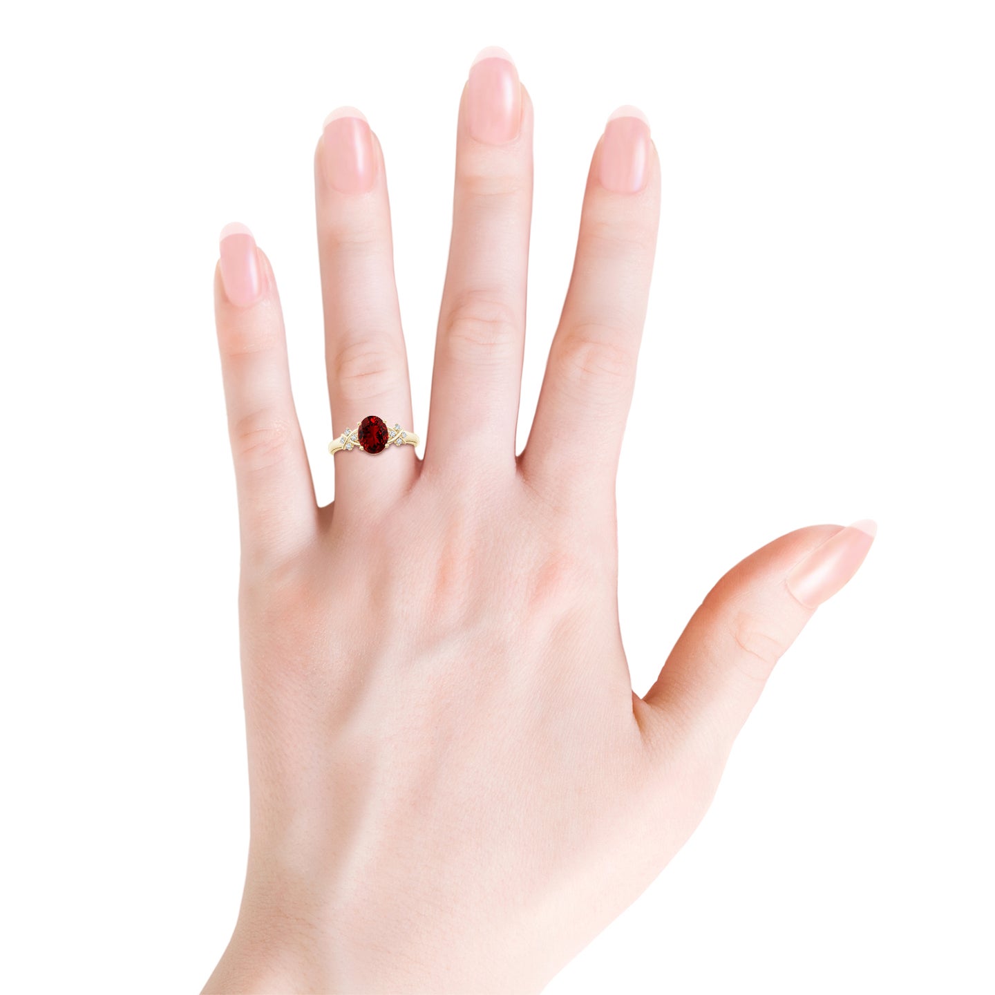 8x6mm Labgrown Lab-Grown Solitaire Oval Ruby Criss Cross Ring with Lab Diamonds in Yellow Gold