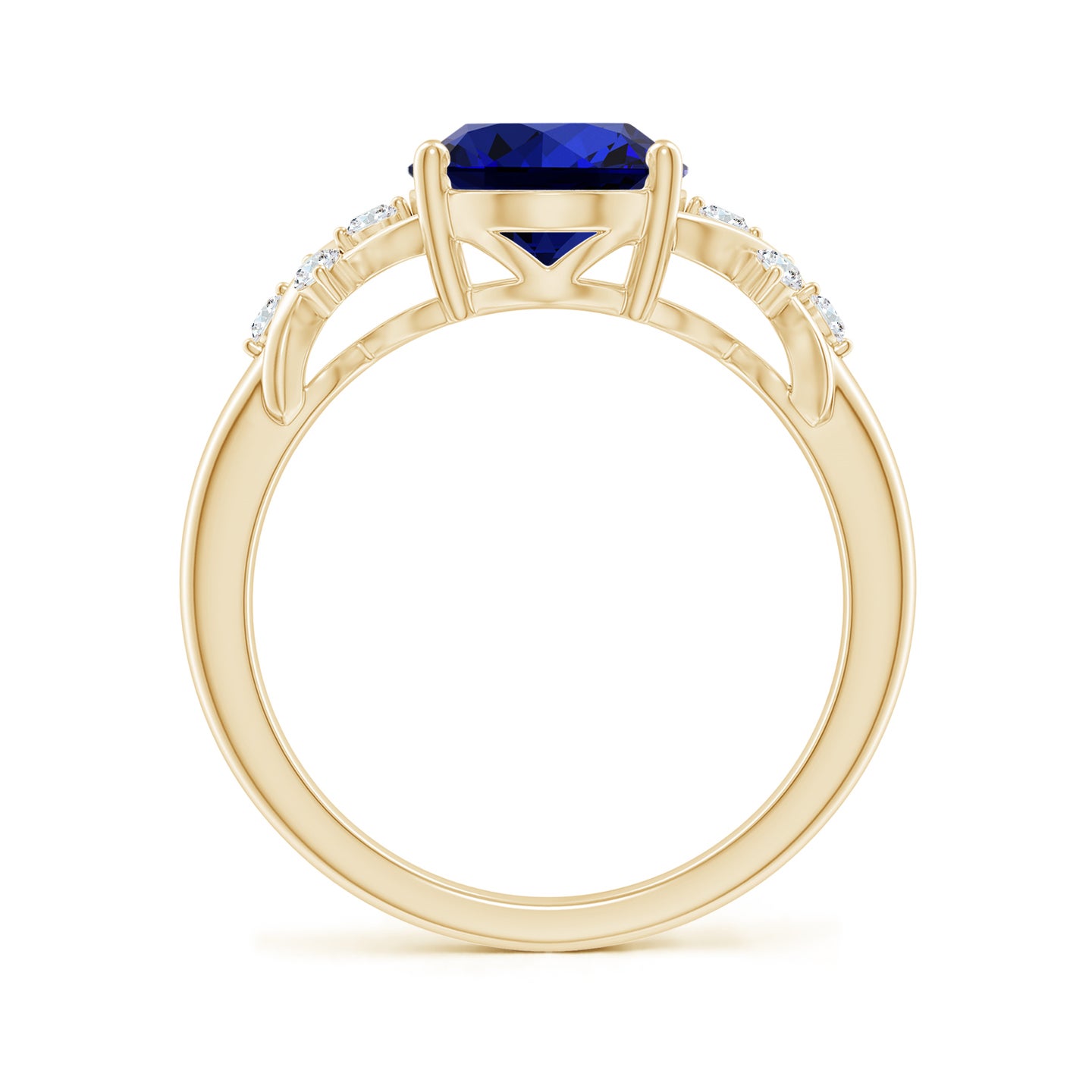 10x8mm Labgrown Lab-Grown Solitaire Oval Blue Sapphire Criss Cross Ring with Diamonds in Yellow Gold