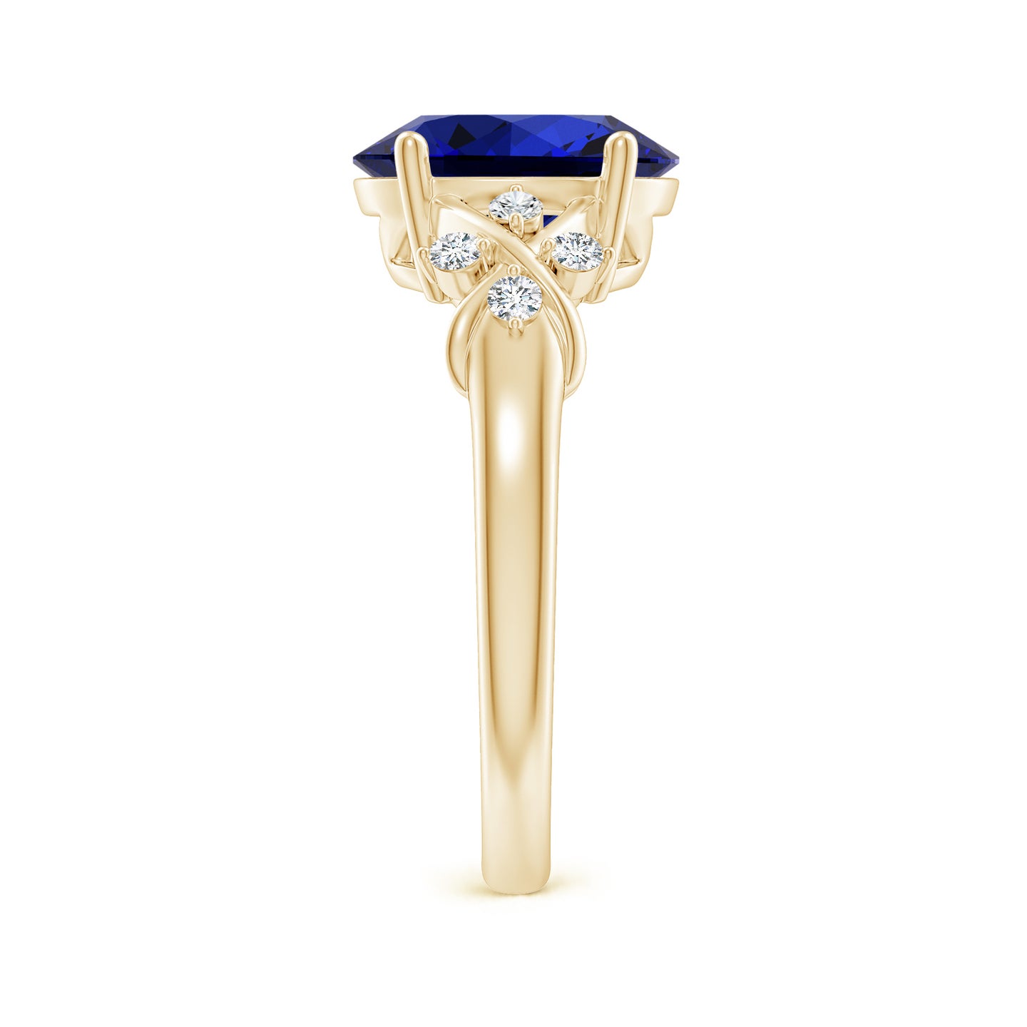 10x8mm Labgrown Lab-Grown Solitaire Oval Blue Sapphire Criss Cross Ring with Diamonds in Yellow Gold