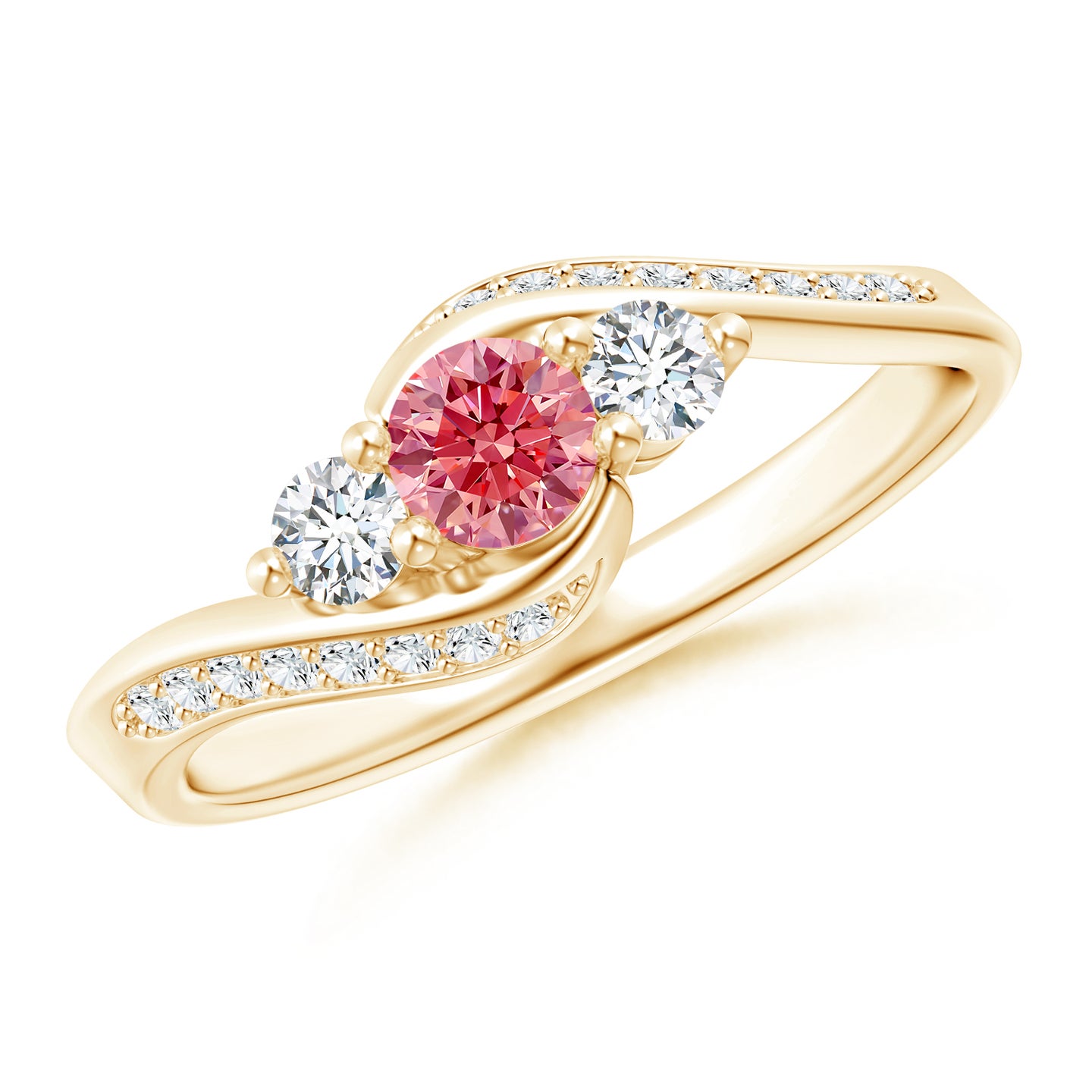 Horizontally Set Three Stone Lab-Grown Fancy Intense Pink Diamond Bypass Ring