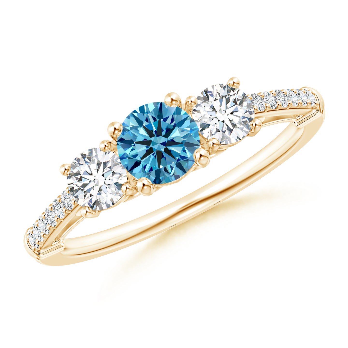 Three Stone Lab-Grown Fancy Intense Blue Diamond Cathedral Engagement Ring