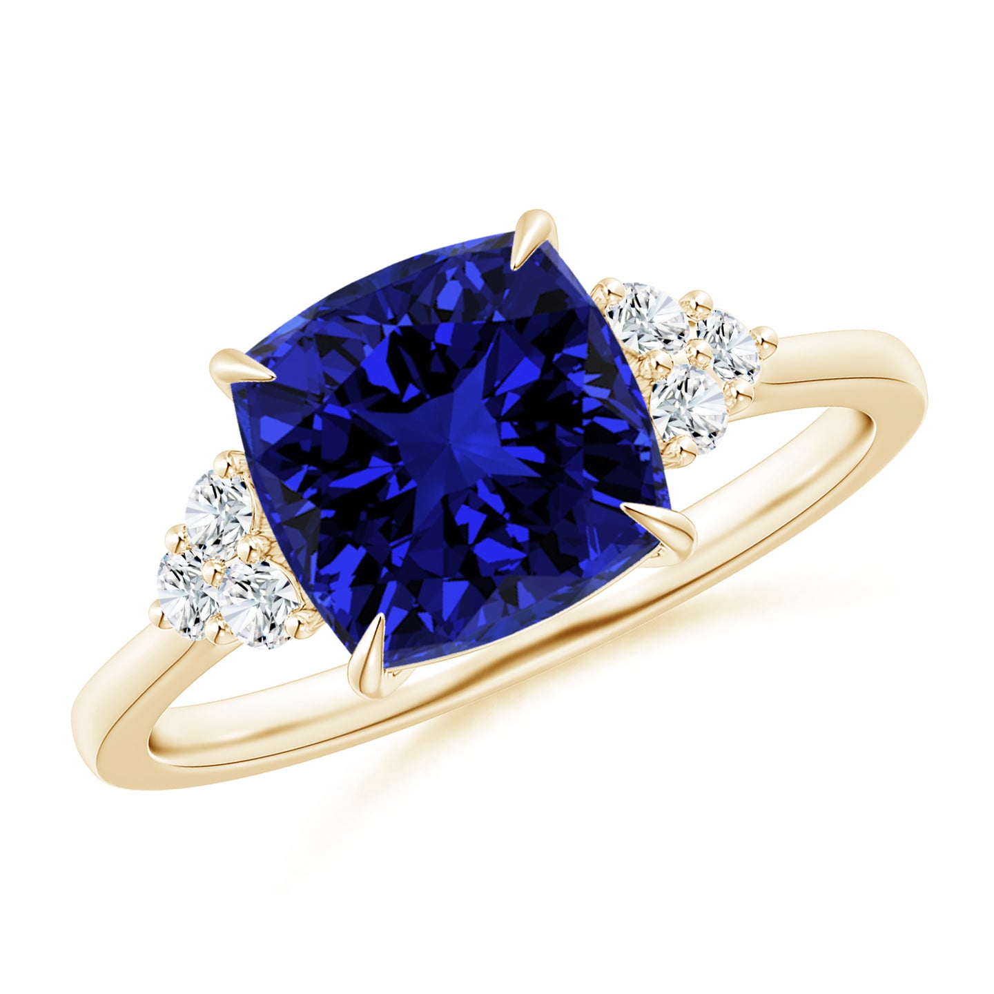 8mm Labgrown Lab-Grown Cushion Blue Sapphire Engagement Ring with Trio Diamonds in Yellow Gold