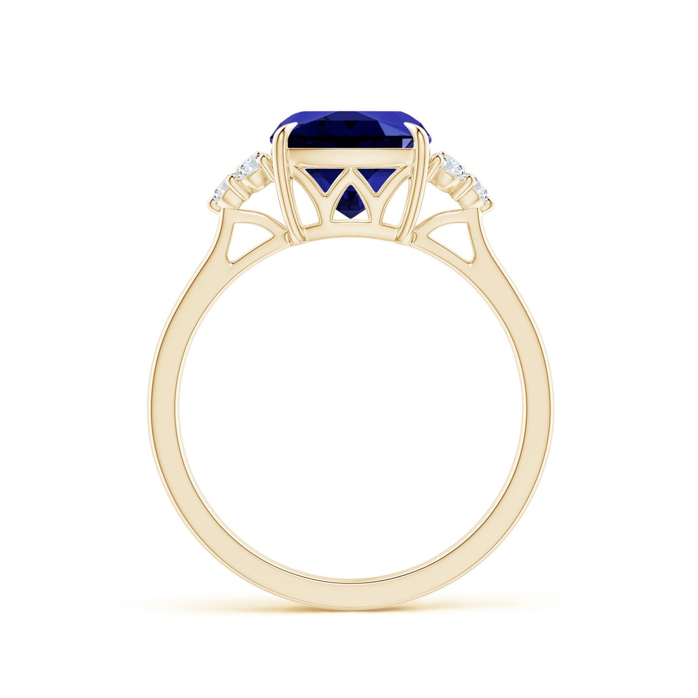 8mm Labgrown Lab-Grown Cushion Blue Sapphire Engagement Ring with Trio Diamonds in Yellow Gold