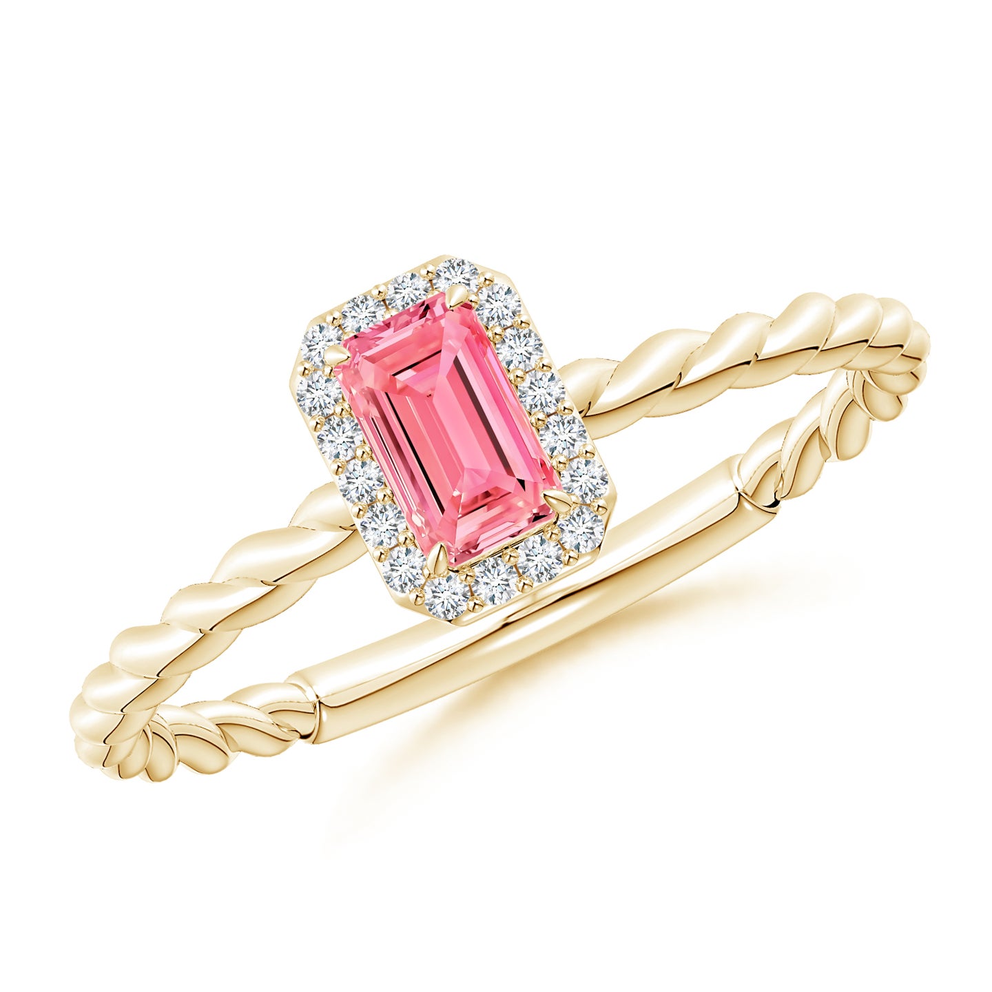 Emerald-Cut Lab-Grown Fancy Intense Pink Diamond Halo Twisted Shank Engagement Ring