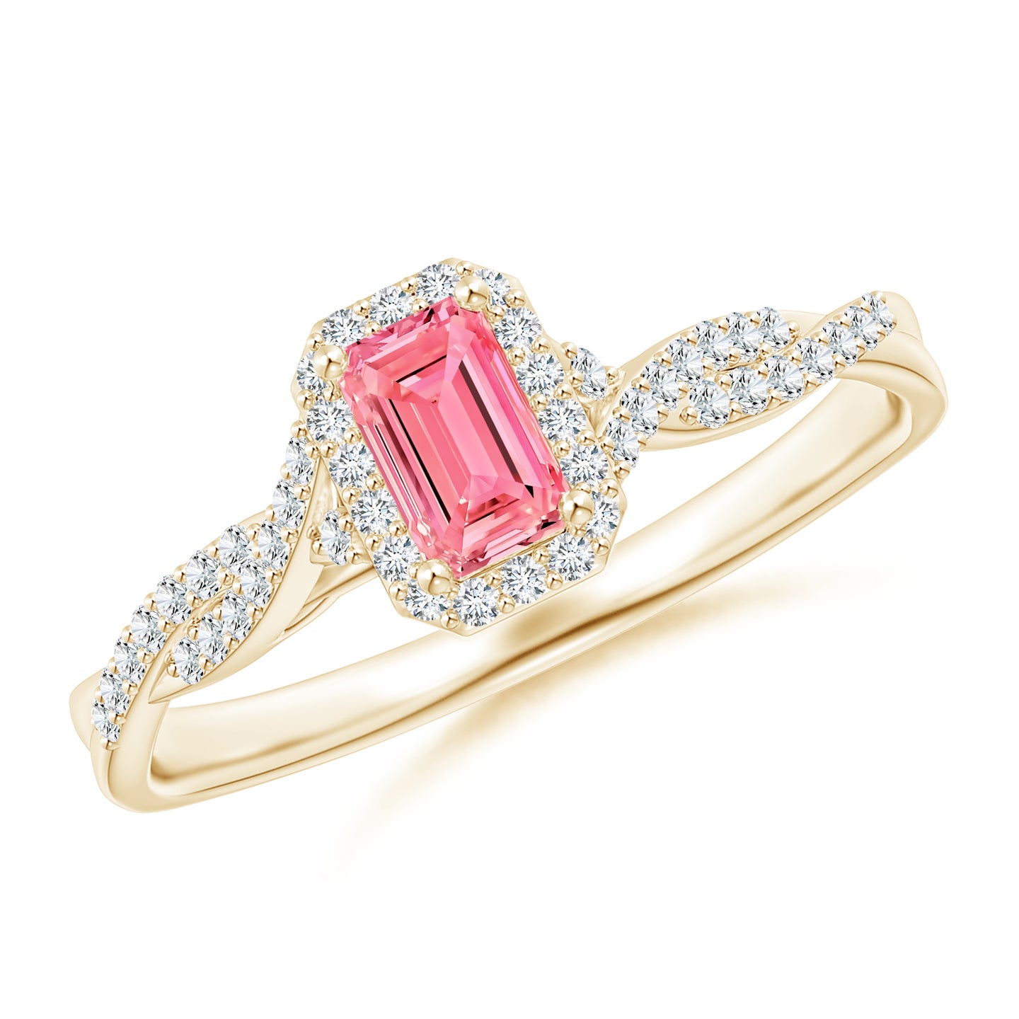 Emerald-Cut Lab-Grown Fancy Intense Pink Diamond Halo Twisted Shank Ring