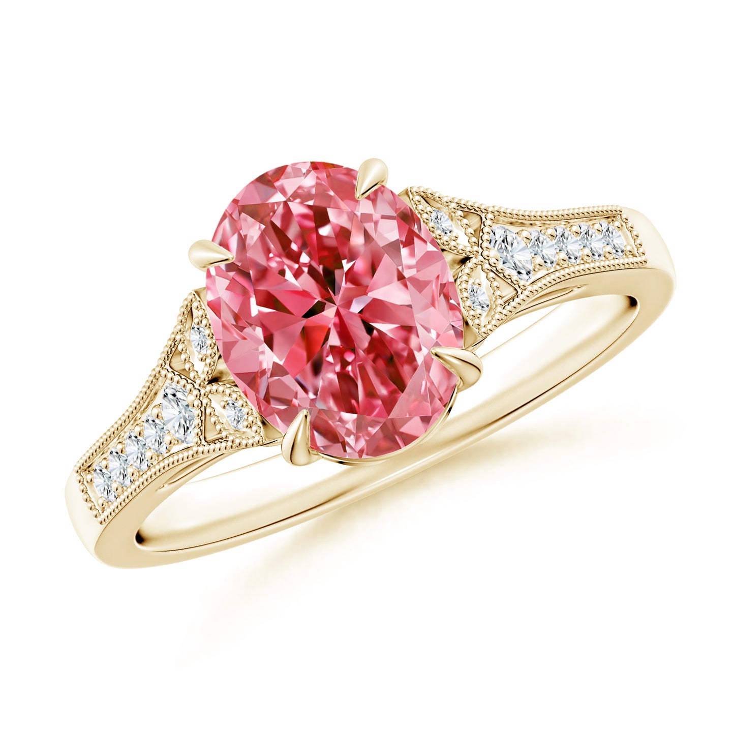 Aeon Vintage Inspired Oval Lab-Grown Fancy Intense Pink Diamond Solitaire Engagement Ring with Milgrain