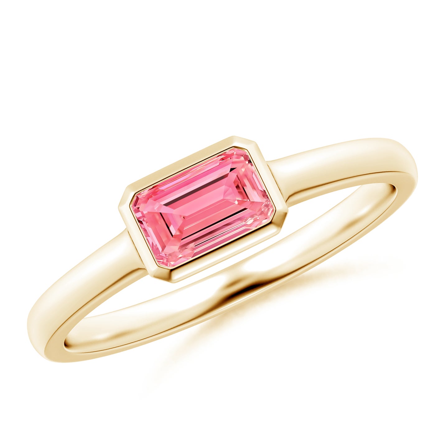 East-West Emerald-Cut Lab-Grown Fancy Intense Pink Diamond Solitaire Ring in Bezel Setting