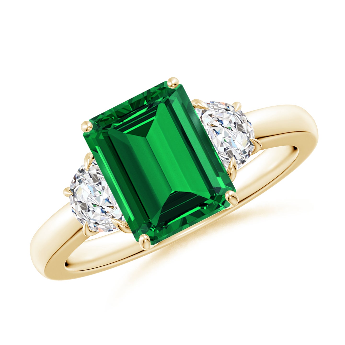 Lab-Grown Emerald-Cut Emerald and Half Moon Lab Diamond Three Stone Ring Lab-Grown Emerald-Cut Emerald and Half Moon Lab Diamond Three Stone Ring