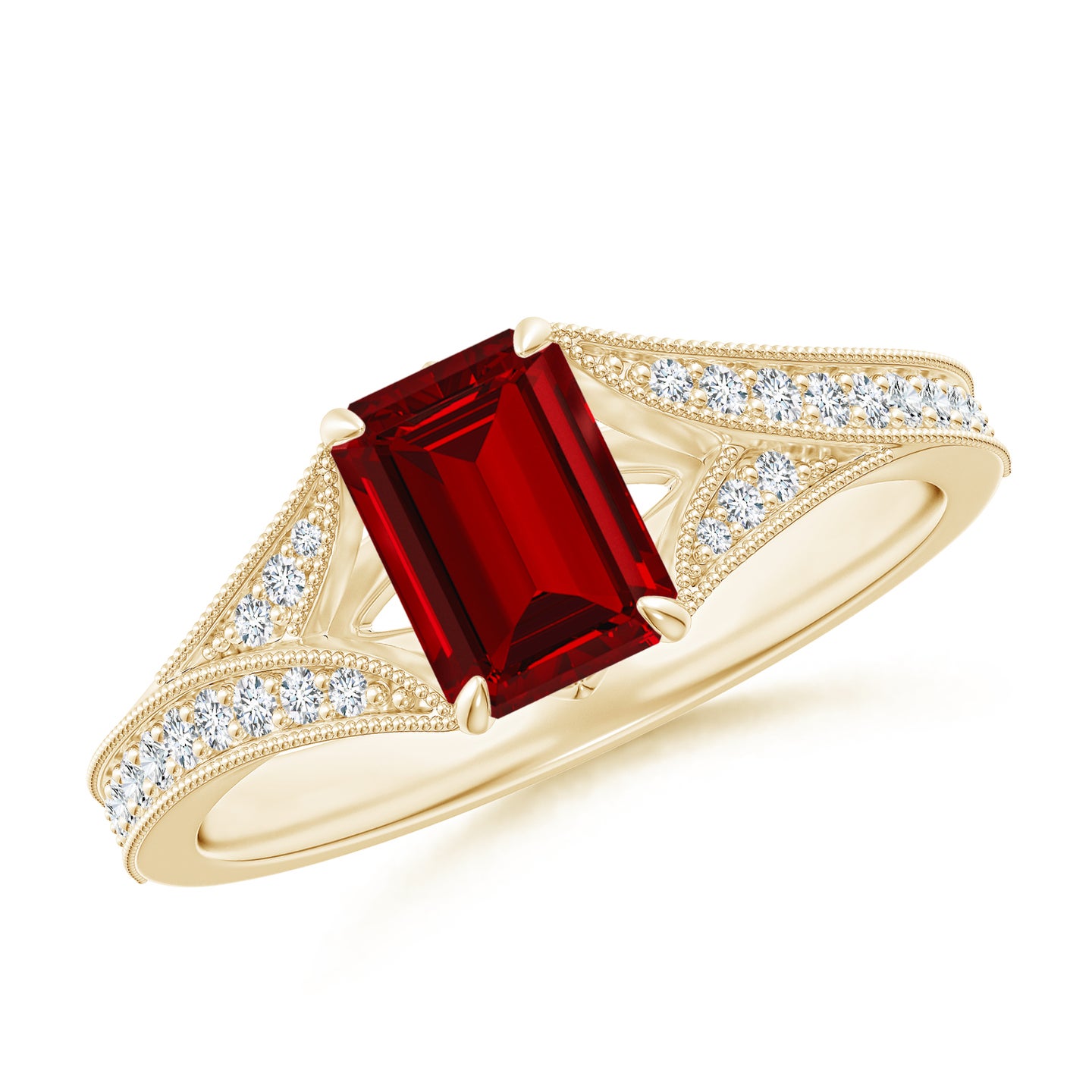 Lab-Grown Vintage Inspired Emerald-Cut Ruby Split Shank Engagement Ring