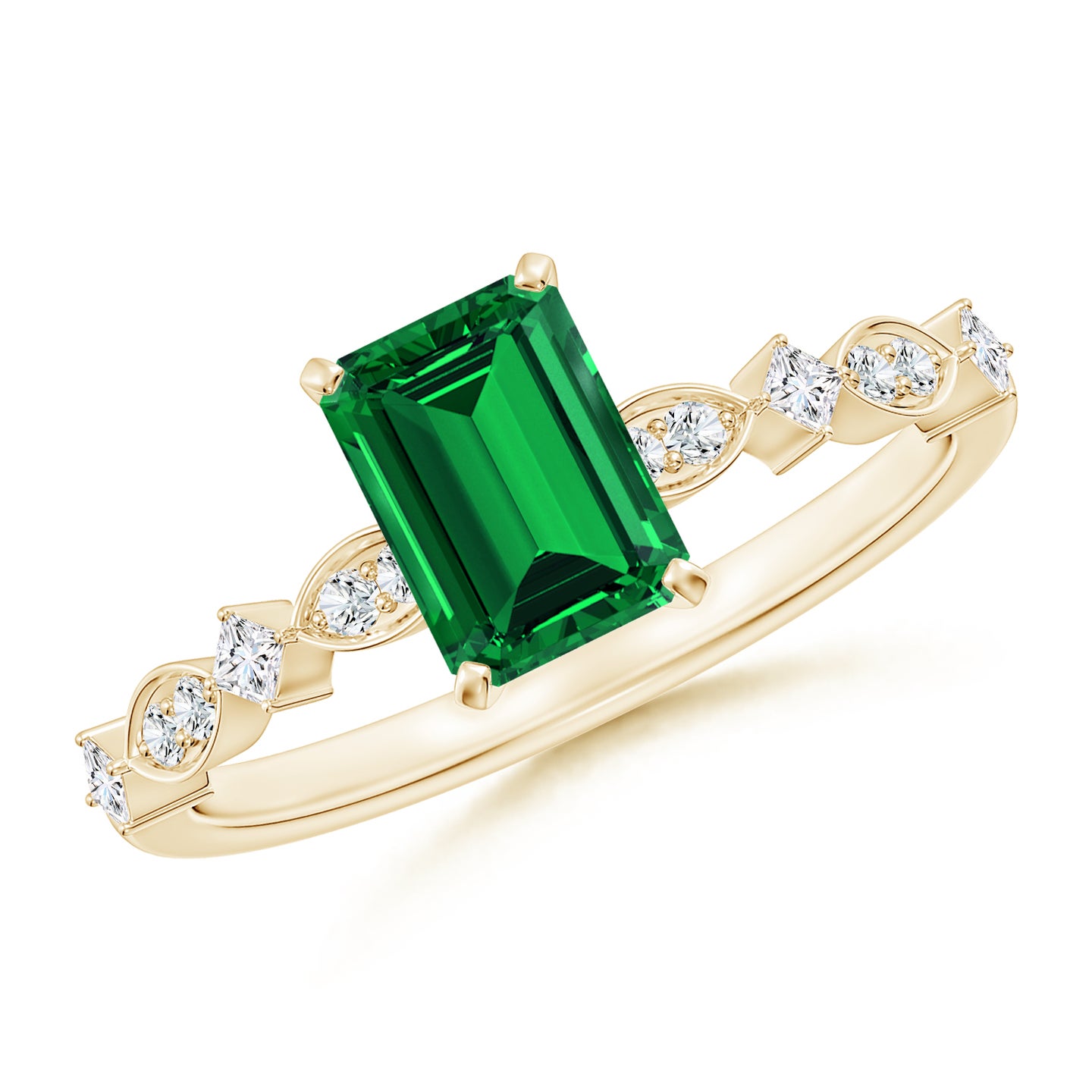 Prong-Set Emerald-Cut Lab-Grown Emerald Engagement Ring with Marquise Motifs Prong-Set Emerald-Cut Lab-Grown Emerald Engagement Ring with Marquise Motifs
