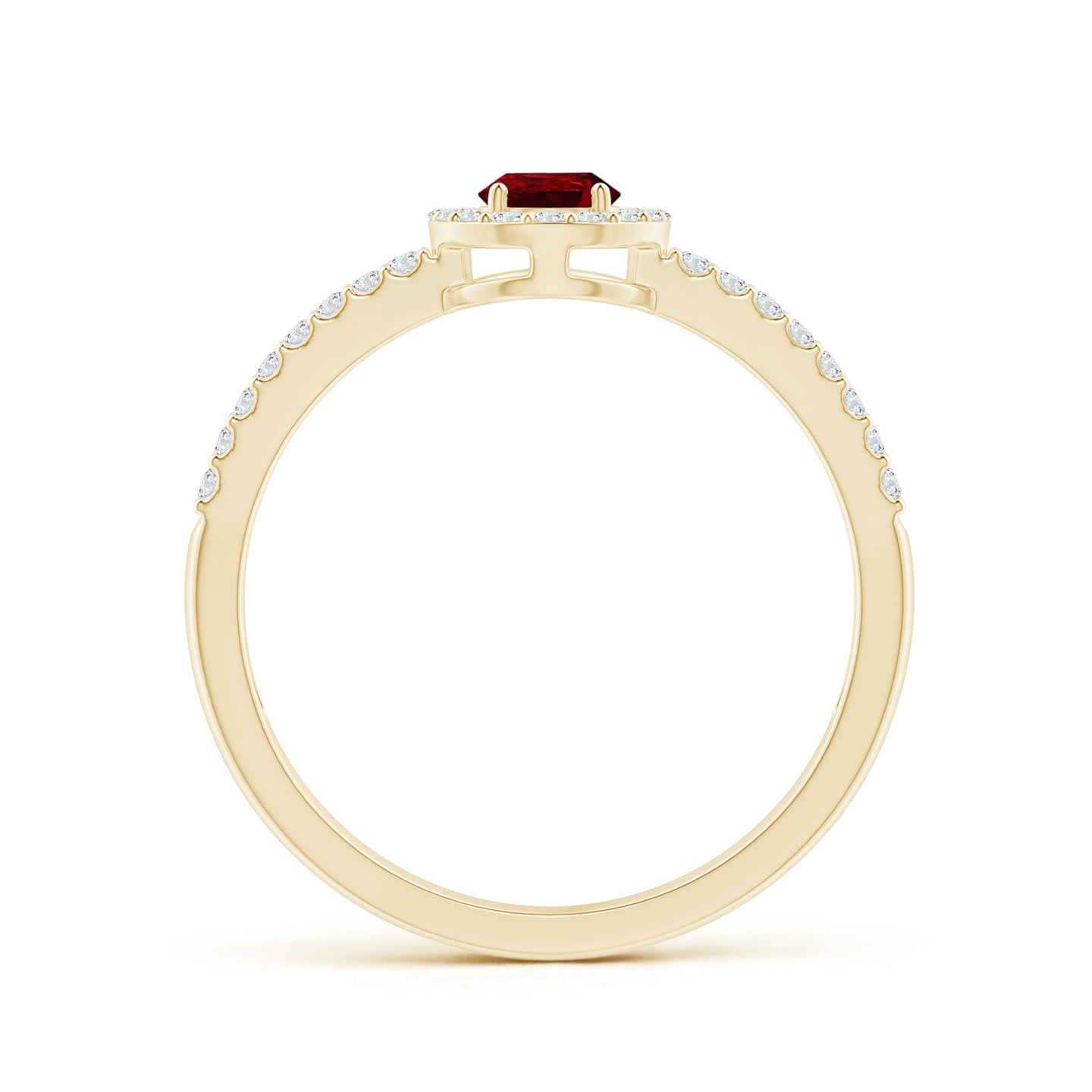 6x4mm AAAA Pear Ruby and Diamond Halo Split Shank Ring in Yellow Gold