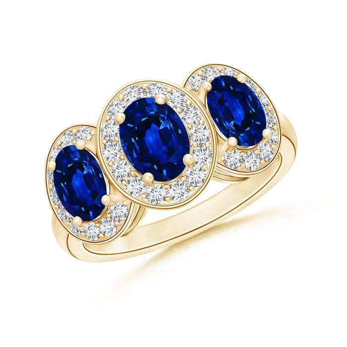 Lab-Grown Classic Three Stone Blue Sapphire Ring with Diamond Halo