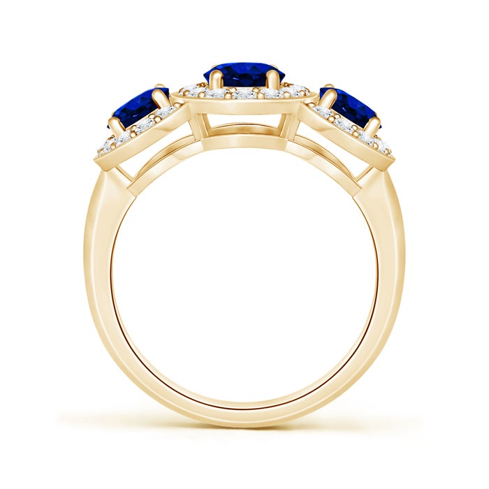 Lab-Grown Classic Three Stone Blue Sapphire Ring with Diamond Halo