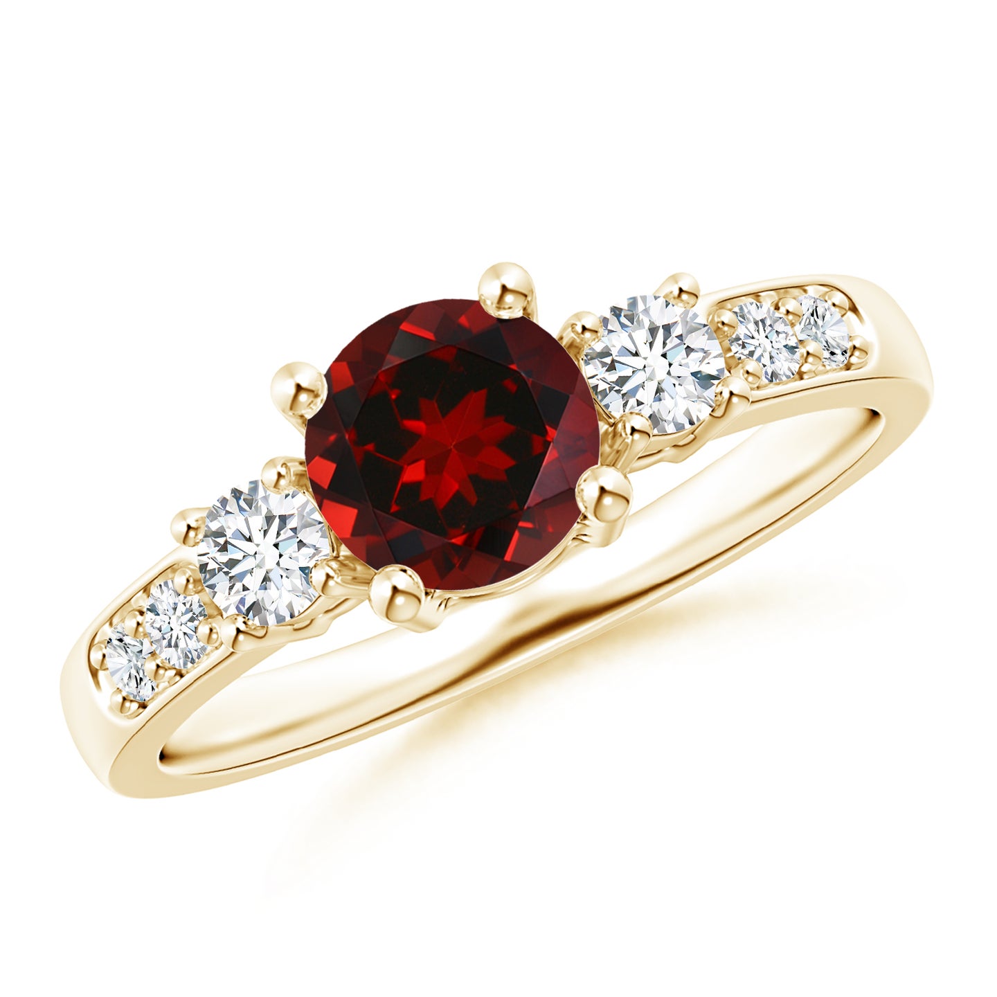 6mm AAAA Three Stone Garnet and Diamond Ring in Yellow Gold