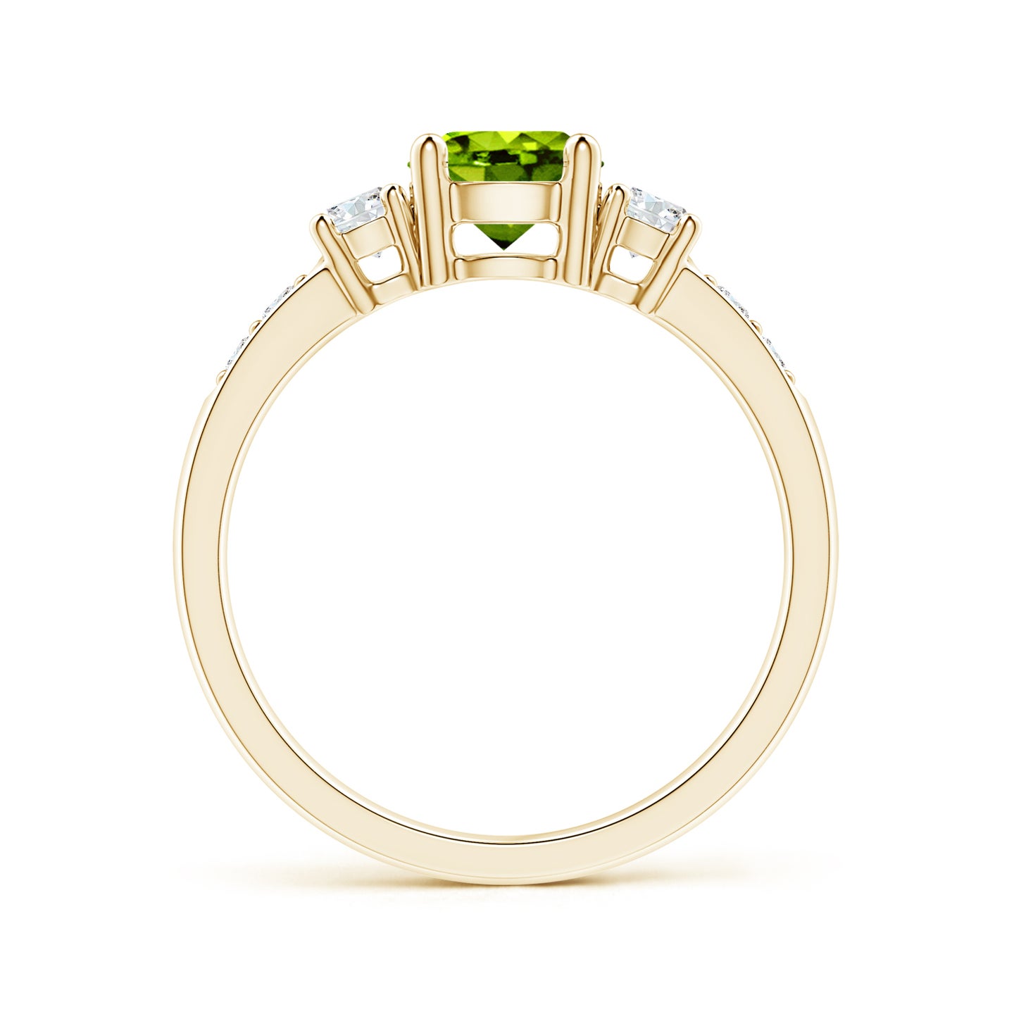 6mm AAAA Three Stone Peridot and Diamond Ring in Yellow Gold