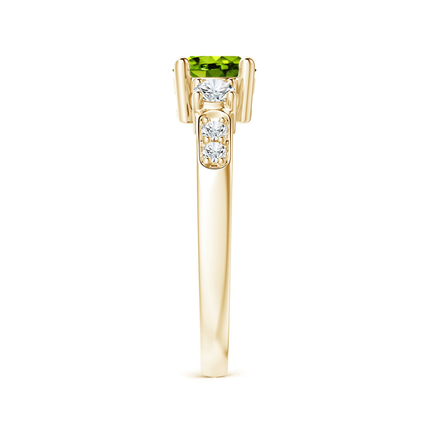 6mm AAAA Three Stone Peridot and Diamond Ring in Yellow Gold