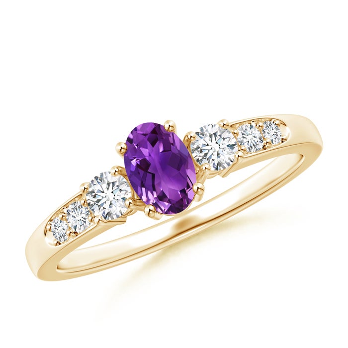 6x4mm AAAA Three Stone Amethyst and Diamond Ring with Accents in Yellow Gold