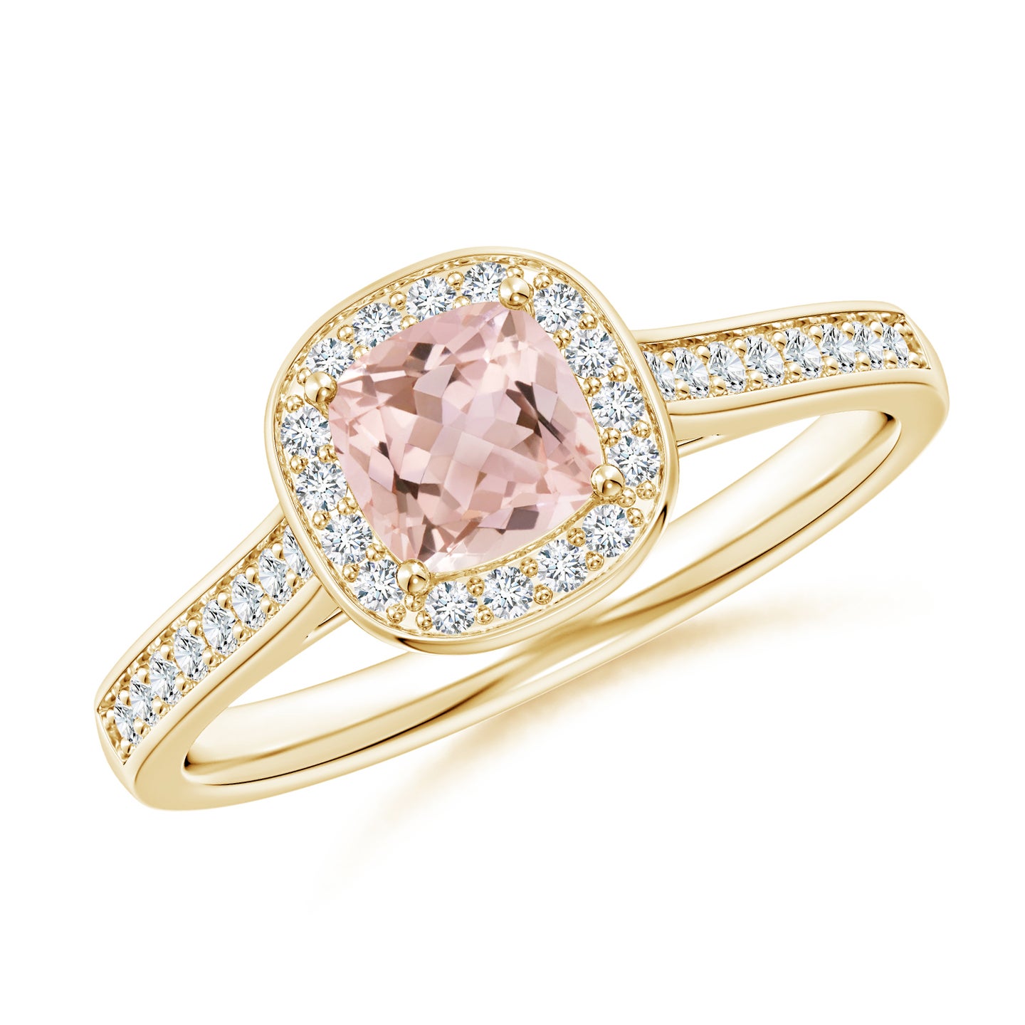 5mm AAAA Classic Cushion Morganite Ring with Diamond Halo in Yellow Gold 5mm AAAA Classic Cushion Morganite Ring with Diamond Halo in Yellow Gold