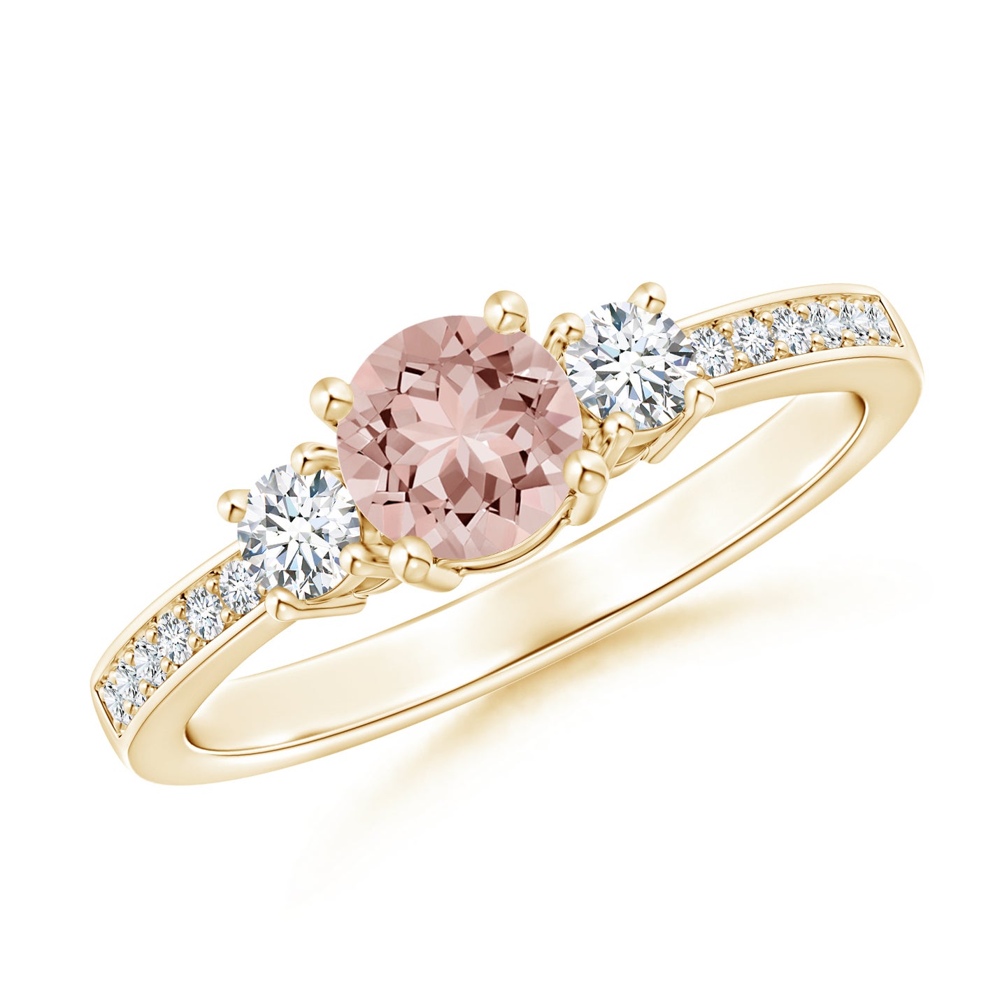 5mm AAAA Classic Three Stone Morganite and Diamond Ring in Yellow Gold 5mm AAAA Classic Three Stone Morganite and Diamond Ring in Yellow Gold