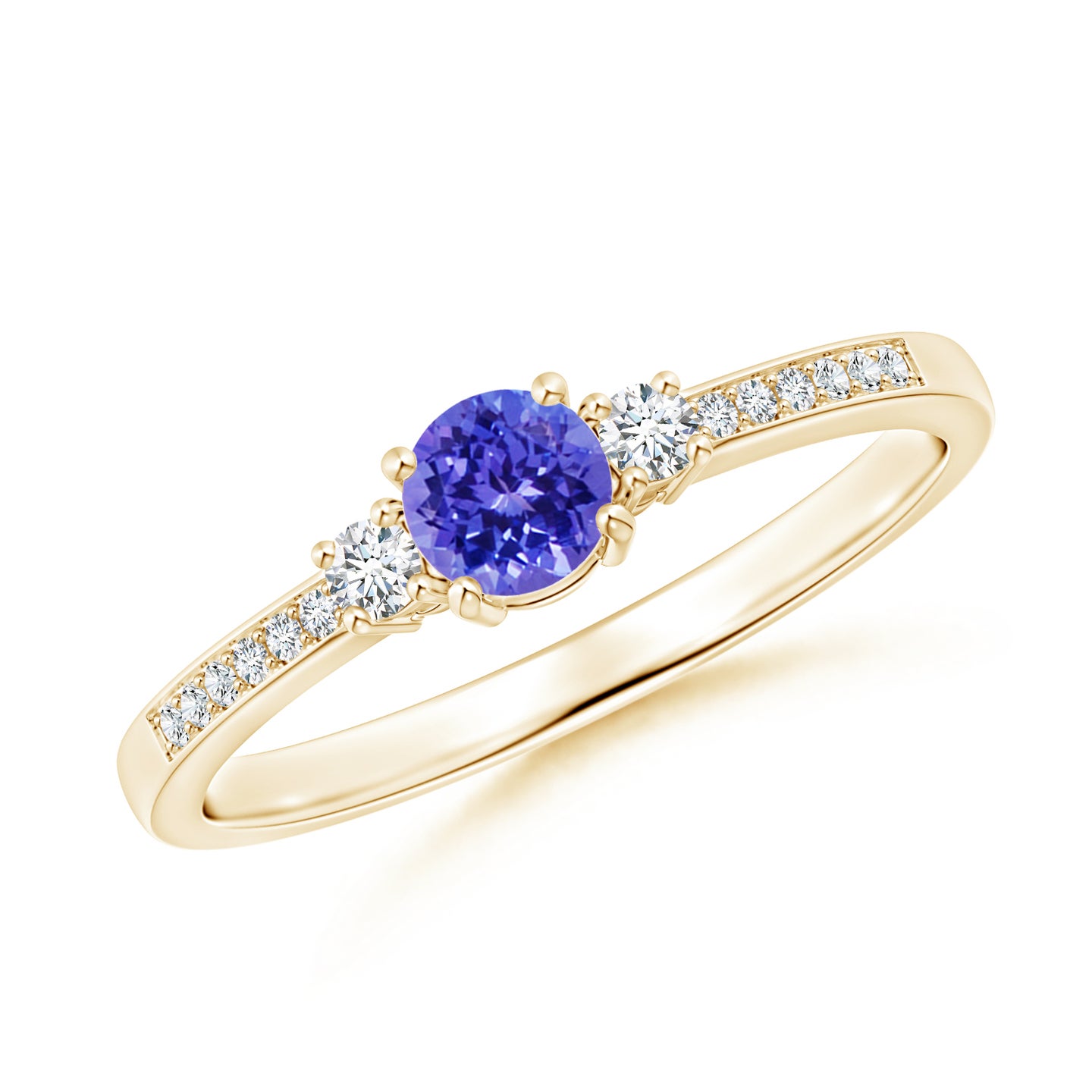 4mm AAAA Classic Three Stone Tanzanite and Diamond Ring in Yellow Gold