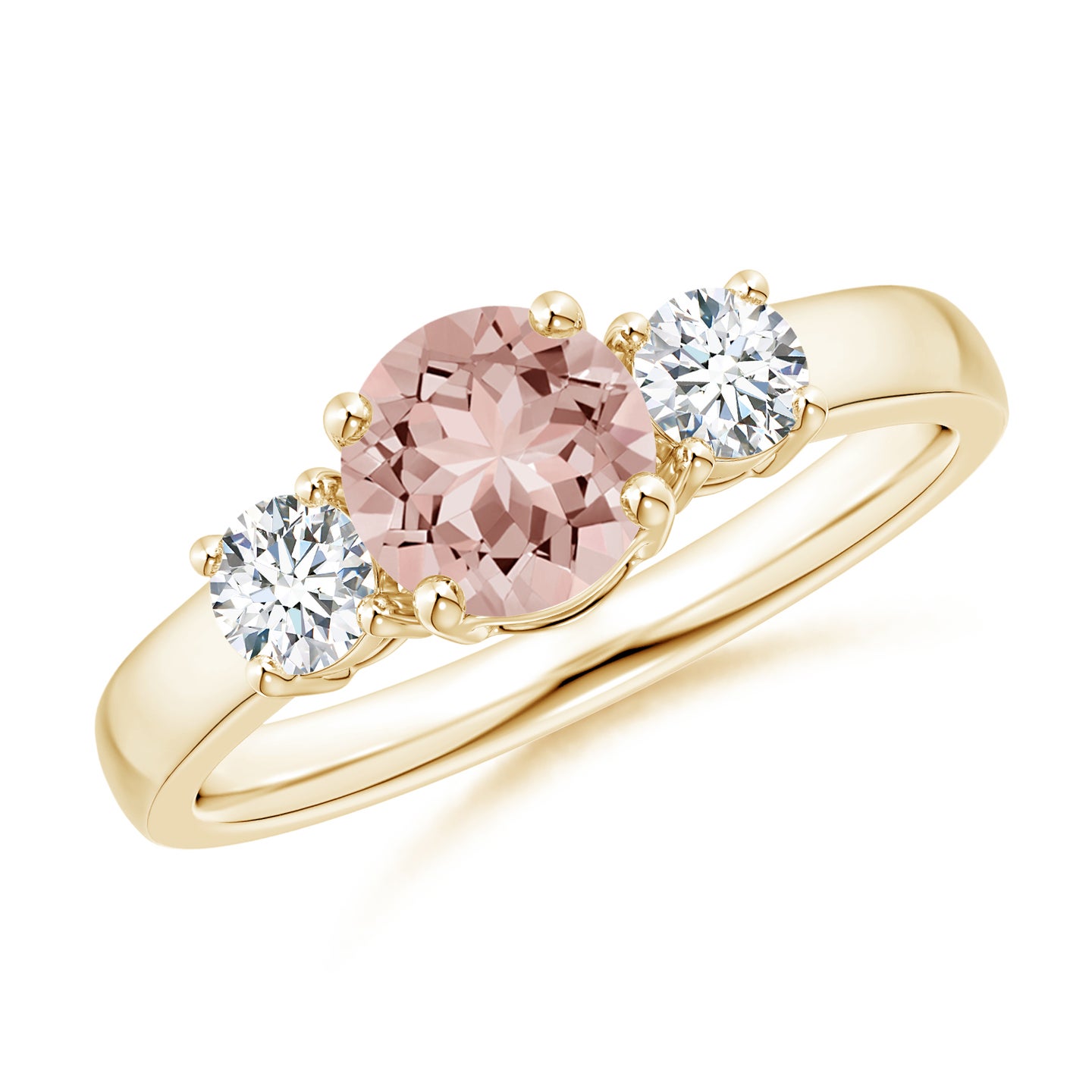 6mm AAAA Classic Morganite and Diamond Three Stone Engagement Ring in Yellow Gold 6mm AAAA Classic Morganite and Diamond Three Stone Engagement Ring in Yellow Gold