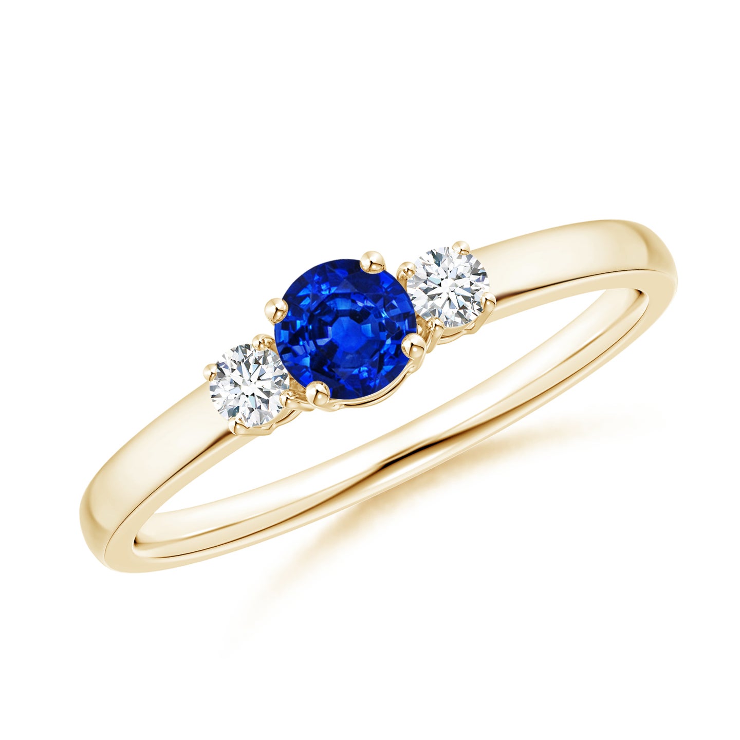 4mm AAAA Classic Blue Sapphire and Diamond Three Stone Engagement Ring in Yellow Gold 4mm AAAA Classic Blue Sapphire and Diamond Three Stone Engagement Ring in Yellow Gold