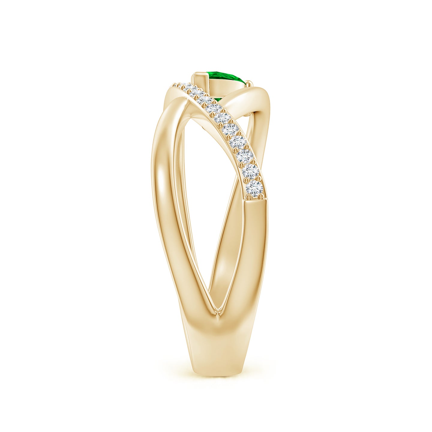 5x3mm AAAA Criss Cross Pear Shaped Emerald Ring with Diamond Accents in Yellow Gold
