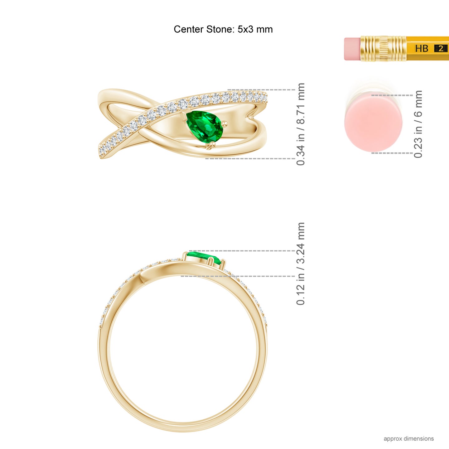 5x3mm AAAA Criss Cross Pear Shaped Emerald Ring with Diamond Accents in Yellow Gold