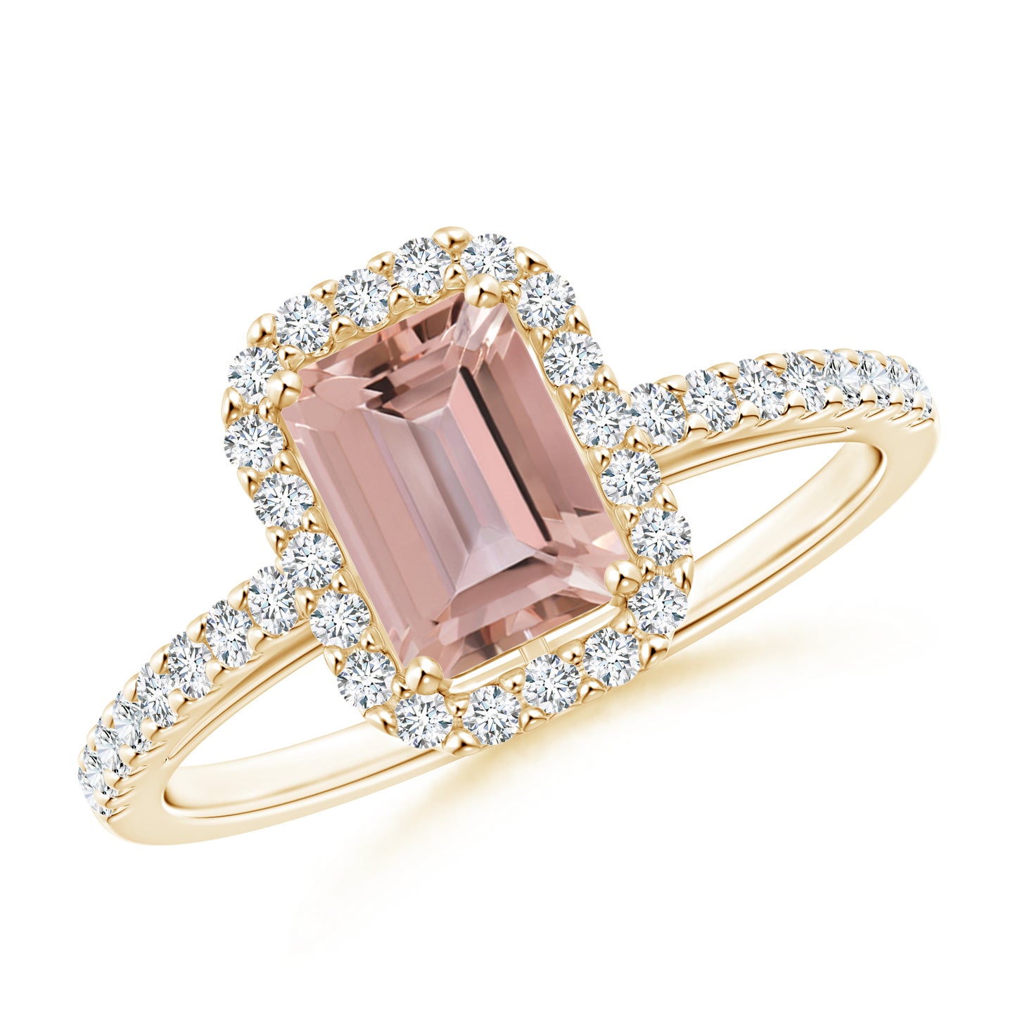 7x5mm AAAA Emerald-Cut Morganite Halo Ring in Yellow Gold 7x5mm AAAA Emerald-Cut Morganite Halo Ring in Yellow Gold