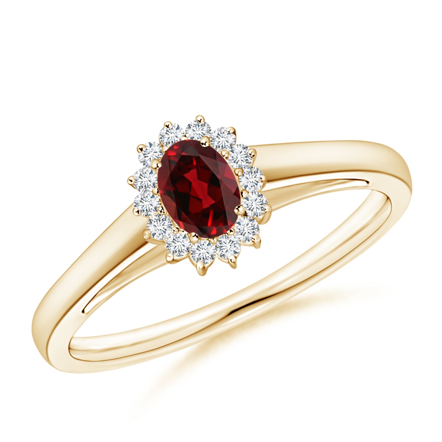 5x3mm AAAA Princess Diana Inspired Garnet Ring with Diamond Halo in Yellow Gold