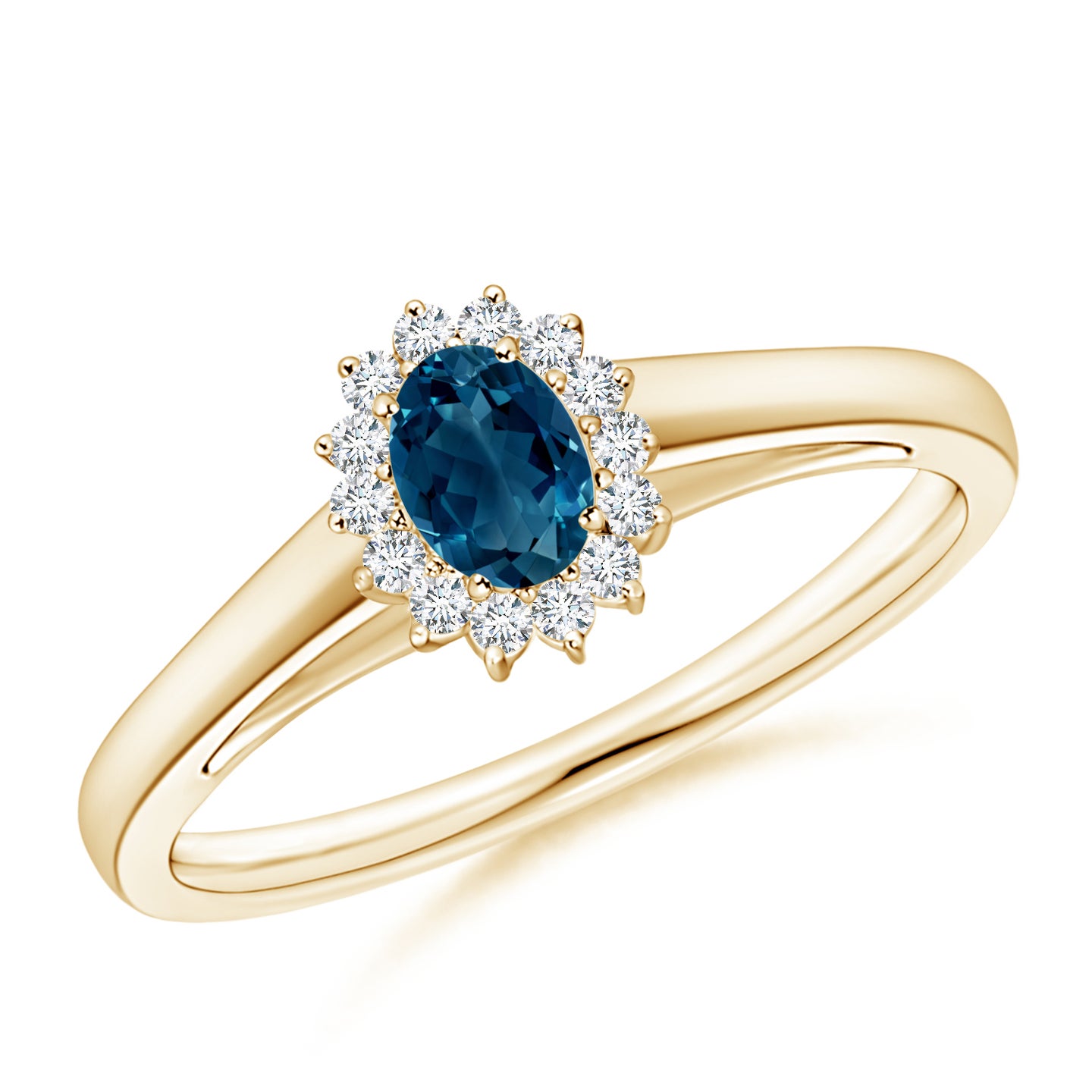 5x3mm AAAA Princess Diana Inspired London Blue Topaz Ring with Halo in Yellow Gold 5x3mm AAAA Princess Diana Inspired London Blue Topaz Ring with Halo in Yellow Gold