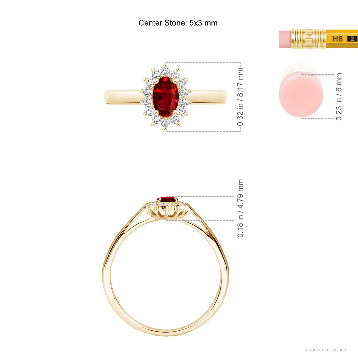 5x3mm AAAA Princess Diana Inspired Ruby Ring with Diamond Halo in Yellow Gold