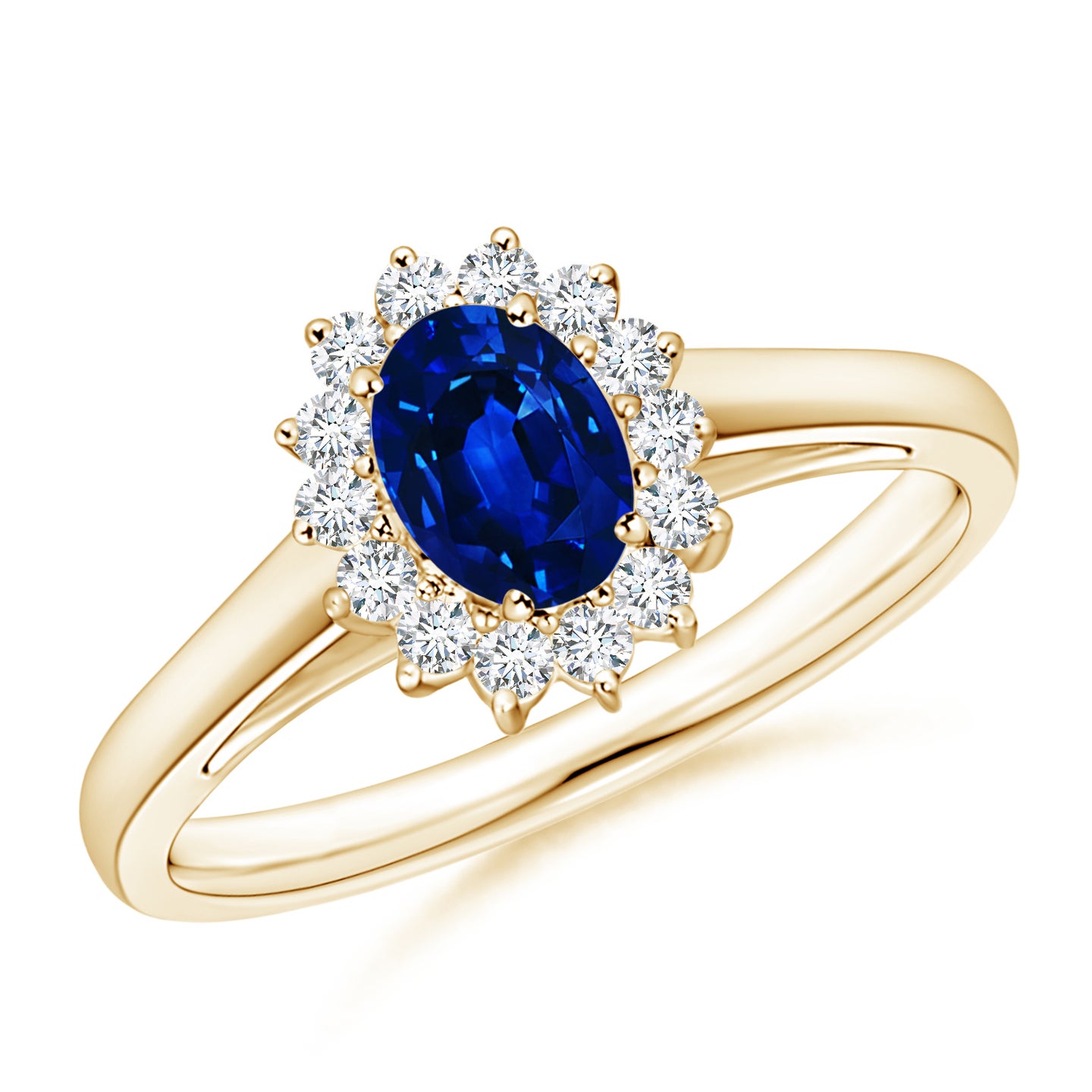 6x4mm AAAA Princess Diana Inspired Blue Sapphire Ring with Diamond Halo in Yellow Gold