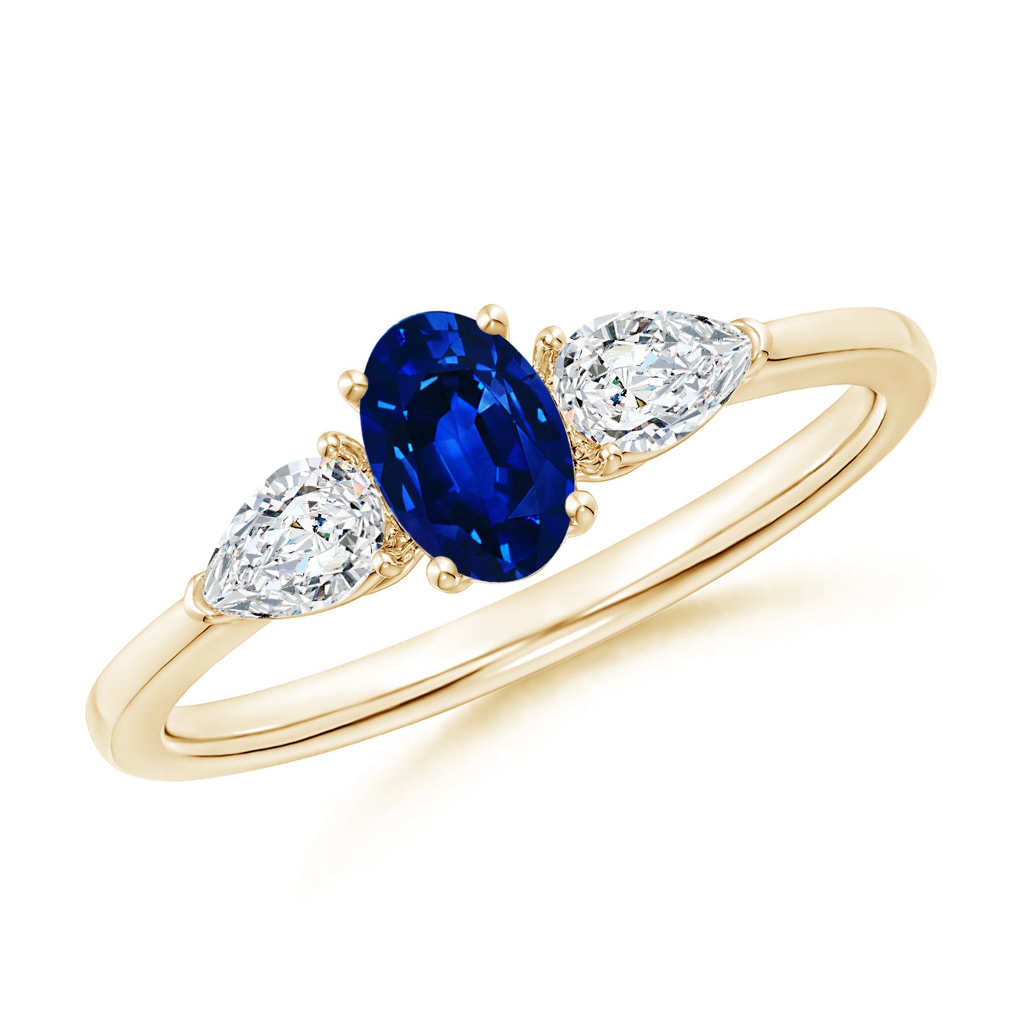 6x4mm AAAA Oval Blue Sapphire Three Stone Ring with Pear Diamonds in Yellow Gold