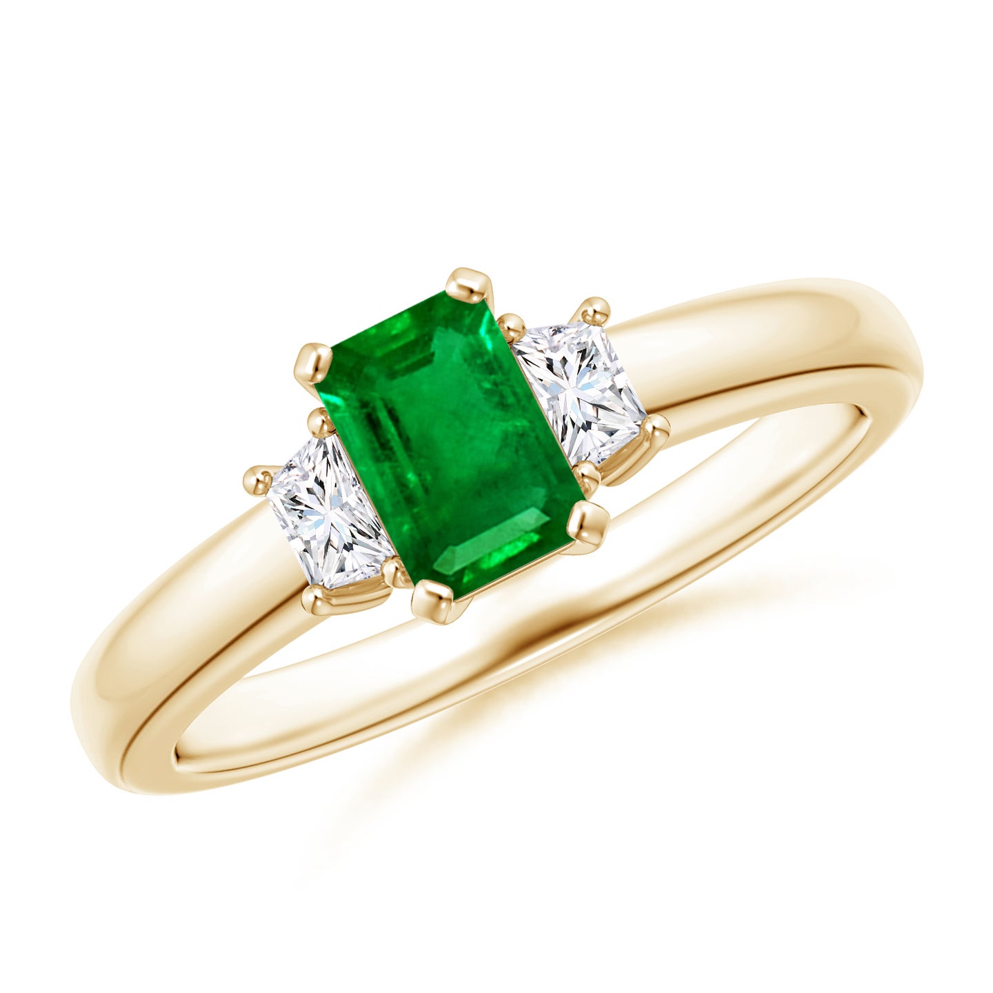 6x4mm AAAA Emerald and Diamond Three Stone Ring in Yellow Gold