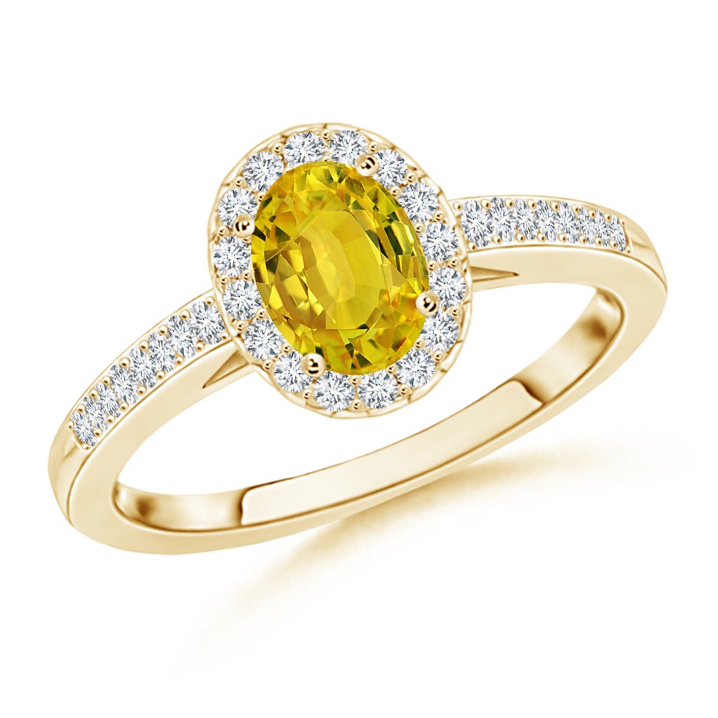 6x4mm AAAA Classic Oval Yellow Sapphire Halo Ring with Diamond Accents in Yellow Gold