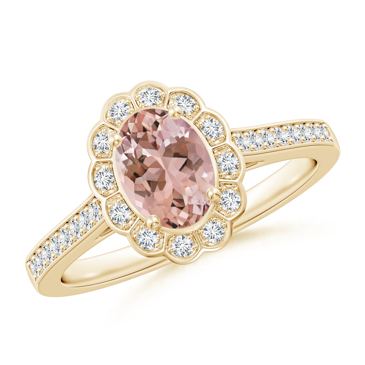 7x5mm AAAA Vintage Style Morganite & Diamond Scalloped Halo Ring in Yellow Gold 7x5mm AAAA Vintage Style Morganite & Diamond Scalloped Halo Ring in Yellow Gold