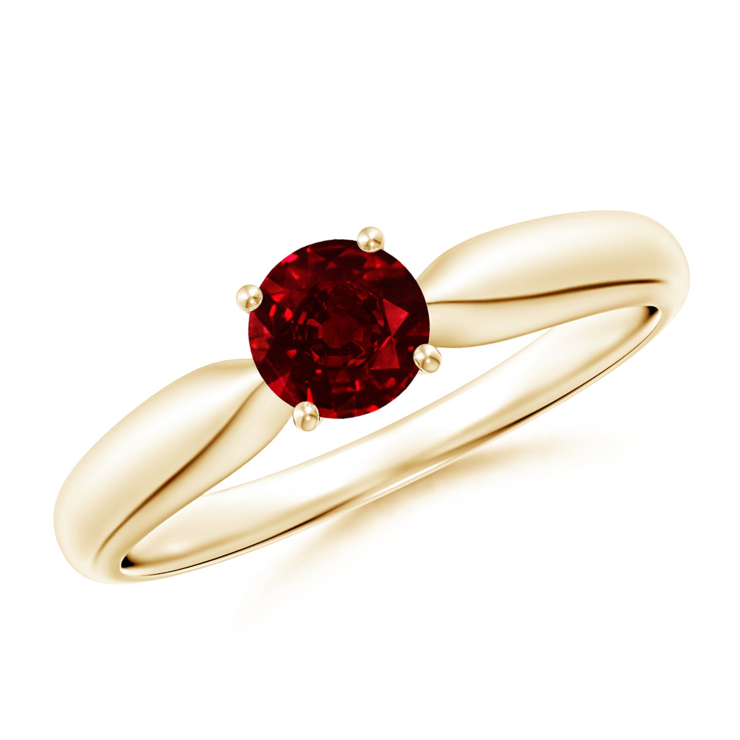 5mm AAAA Solitaire Round Ruby Tapered Shank Ring in Yellow Gold