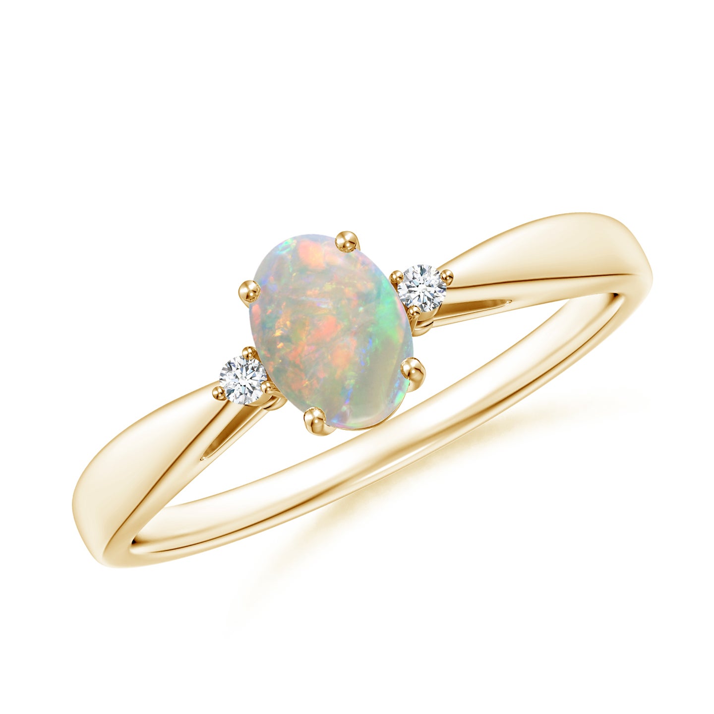6x4mm AAAA Tapered Shank Opal Solitaire Ring with Diamond Accents in Yellow Gold