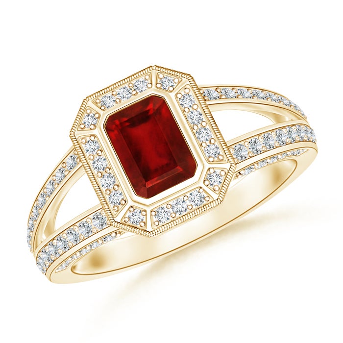 Vintage Style Emerald-Cut Ruby Split Shank Halo Ring | Angara India