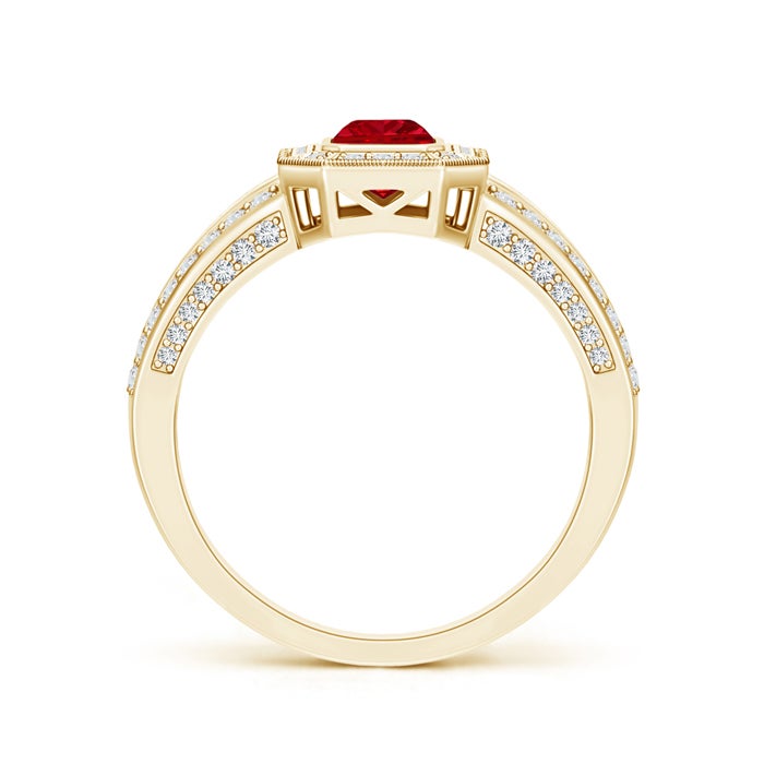 Vintage Style Emerald-Cut Ruby Split Shank Halo Ring | Angara India