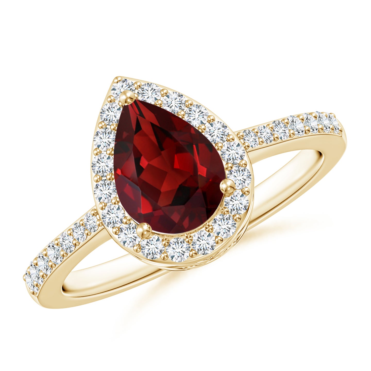 8x6mm AAAA Pear Garnet Ring with Diamond Halo in Yellow Gold