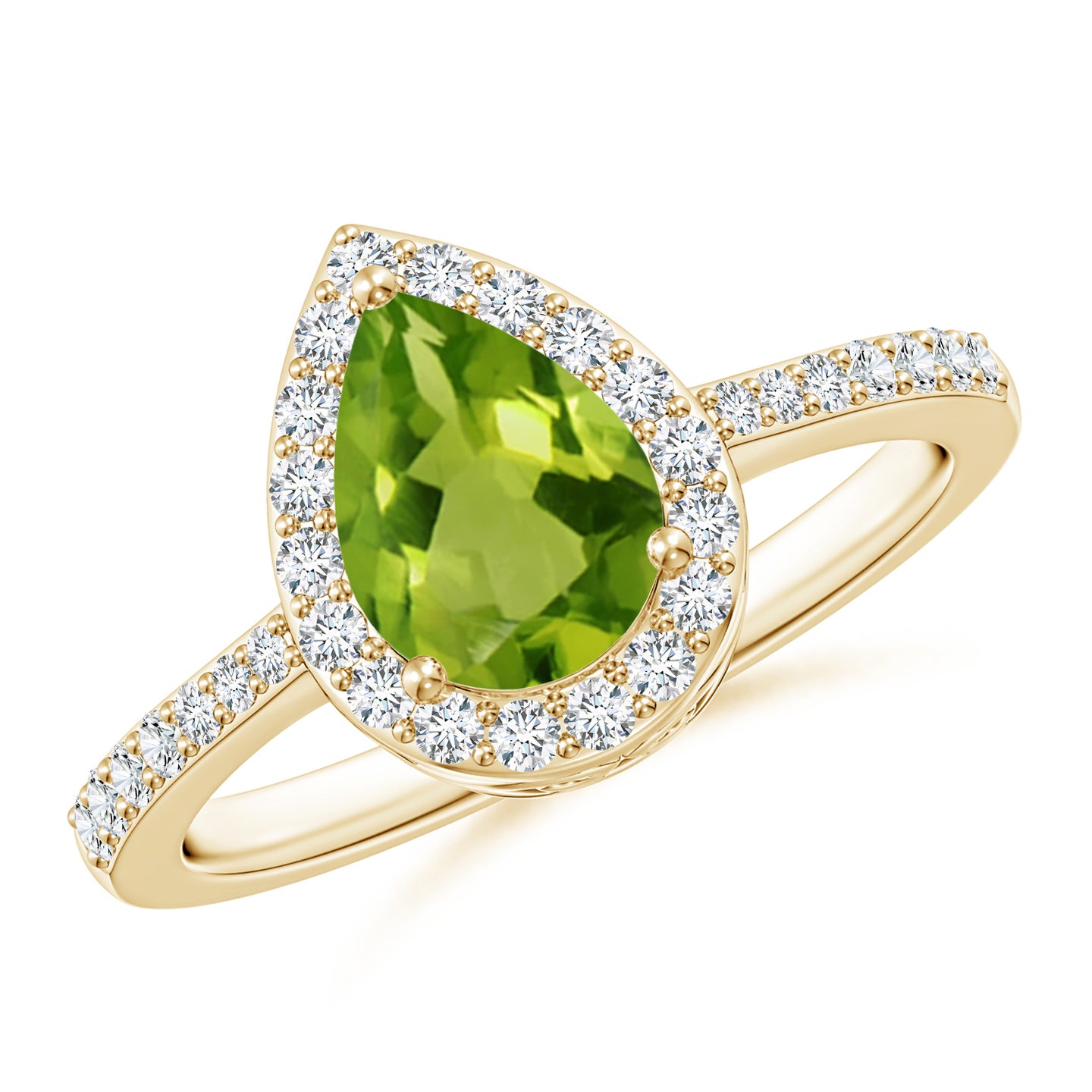 8x6mm AAAA Pear Peridot Ring with Diamond Halo in Yellow Gold