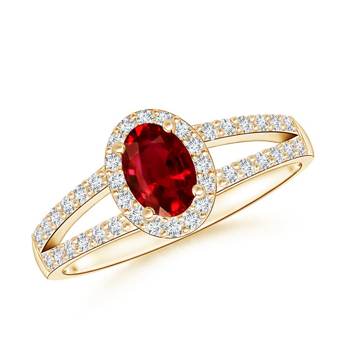6x4mm AAAA Oval Ruby Split Shank Halo Ring in Yellow Gold
