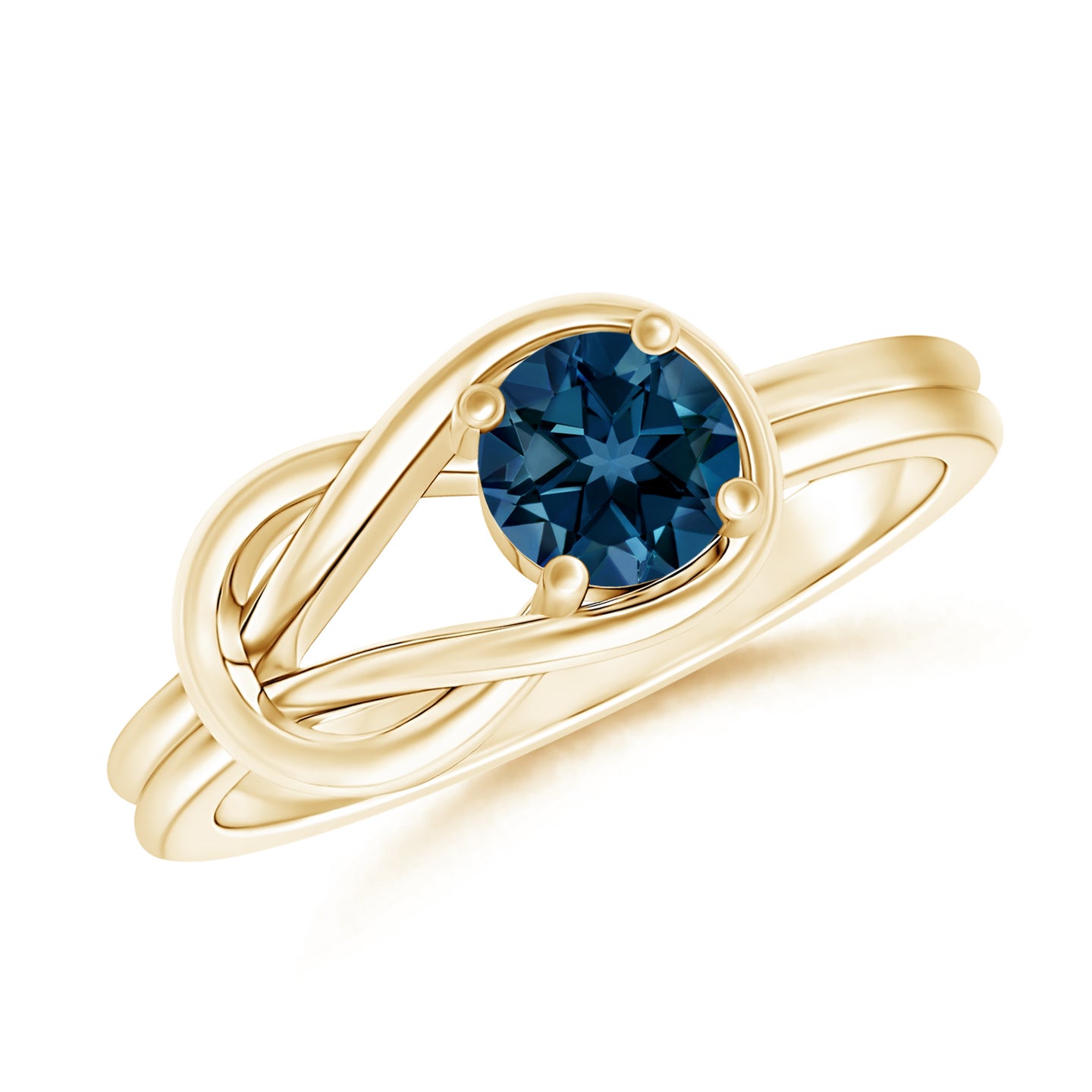 4mm AAAA Solitaire London Blue Topaz Infinity Knot Ring in Yellow Gold 4mm AAAA Solitaire London Blue Topaz Infinity Knot Ring in Yellow Gold