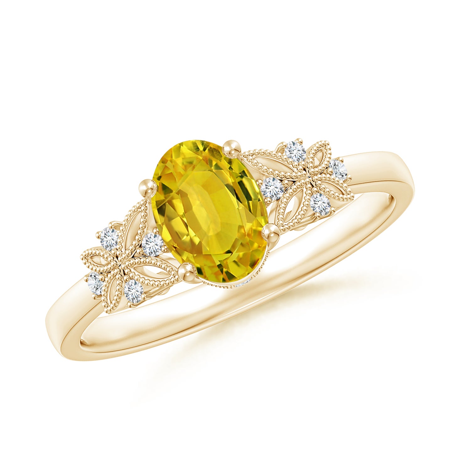 7x5mm AAAA Vintage Style Oval Yellow Sapphire Ring with Diamonds in Yellow Gold