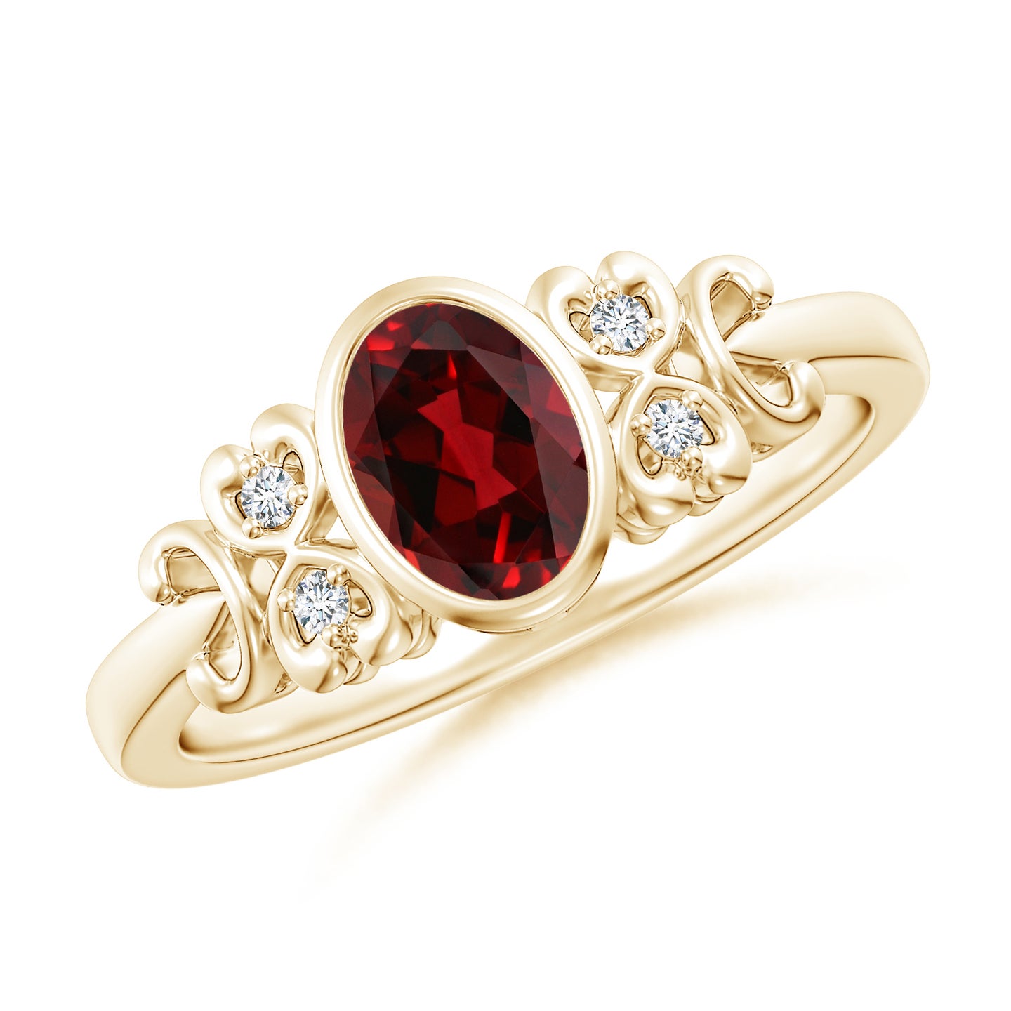 7x5mm AAAA Vintage Style Bezel-Set Oval Garnet Ring with Diamonds in Yellow Gold