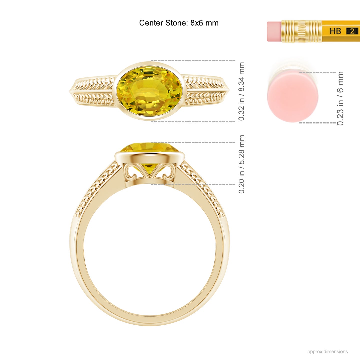 8x6mm AAAA Vintage Inspired Bezel-Set Yellow Sapphire Ring with Grooves in Yellow Gold